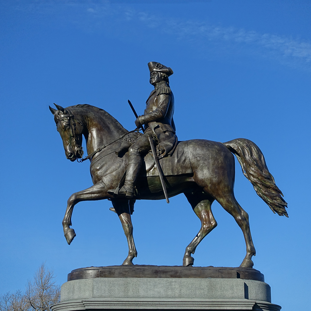 Bronze Washington horse sculpture on stone pedestal