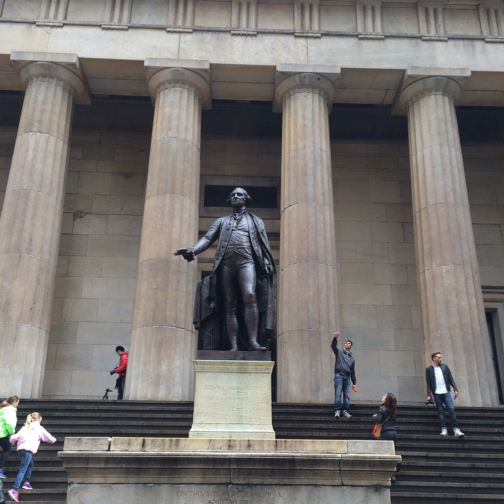 Bronze Washington monument on Federal Hall steps