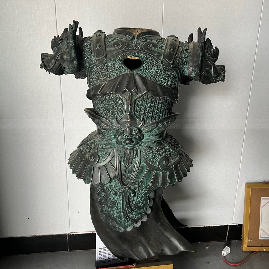 Bronze armor sculpture full frontal display