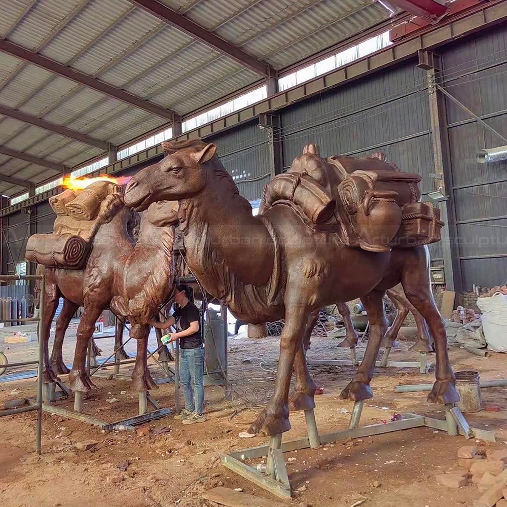 Bronze large camel statue pair with travel packs