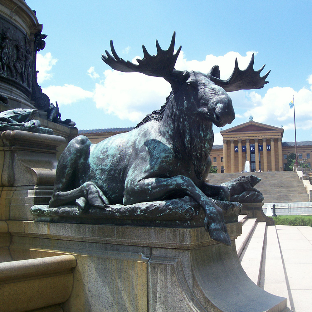 Bronze moose sculpture beside Philadelphia art museum