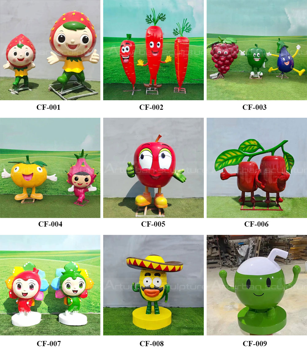 Colorful cartoon fruit sculptures in various designs