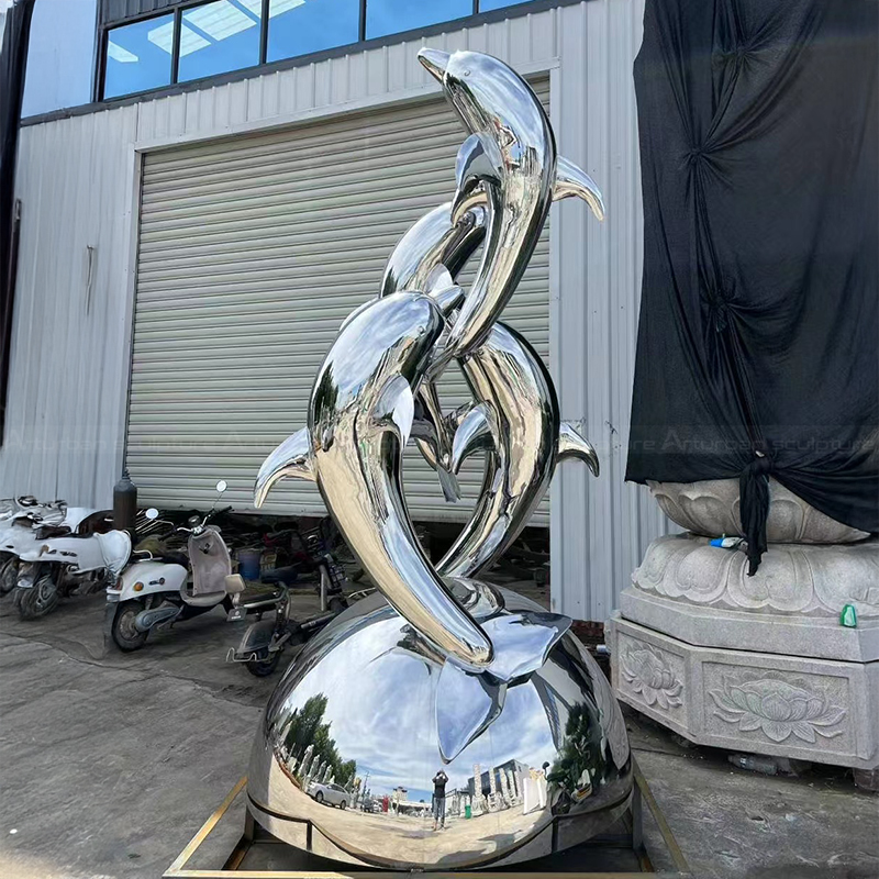 Dolphins Leaping Garden Ornament in stainless steel