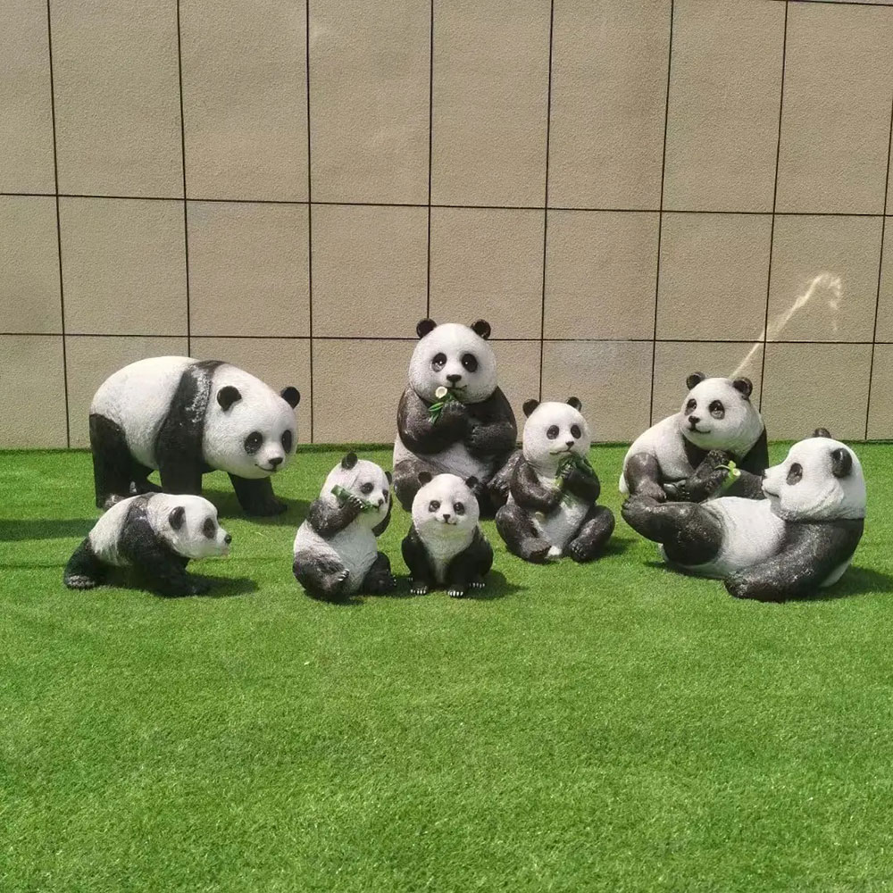 Fiberglass Panda Bear Sculpture group with bamboo