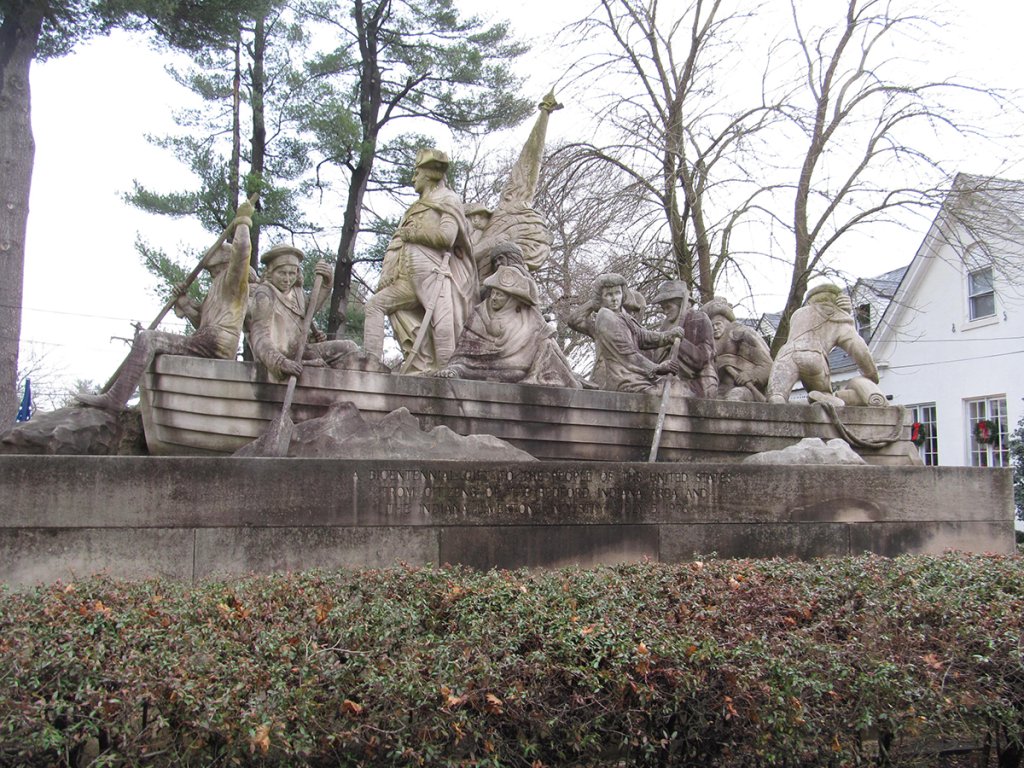 Full limestone Washington crossing group sculpture outdoors