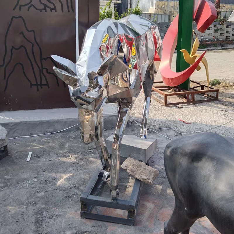 Geometric stainless steel deer sculpture front view