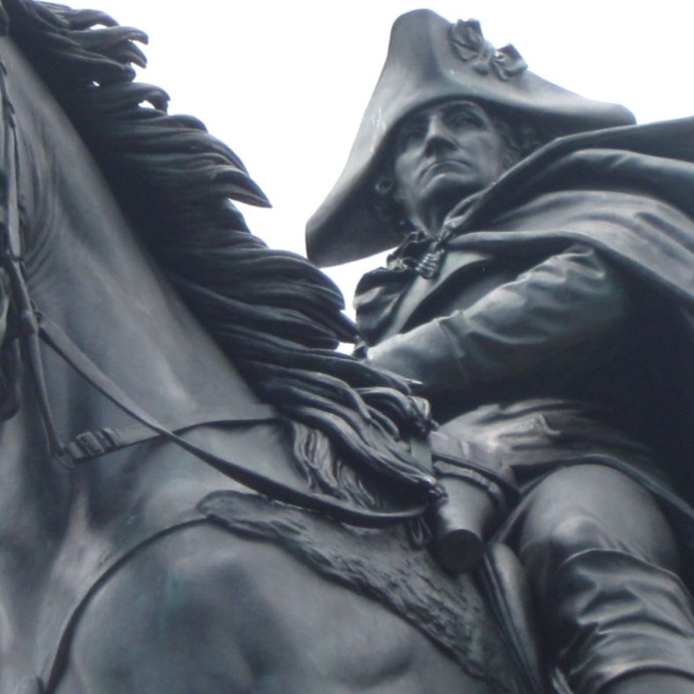 George Washington statue close-up on bronze horseback