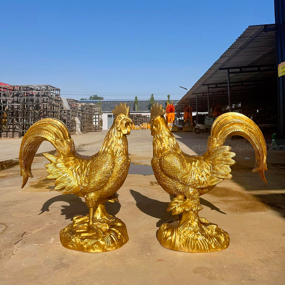 Golden Brass Rooster Statue pair facing together