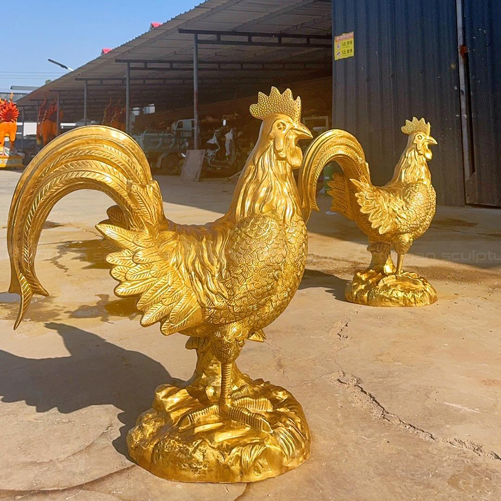 Large Brass Rooster Statue with curved tail