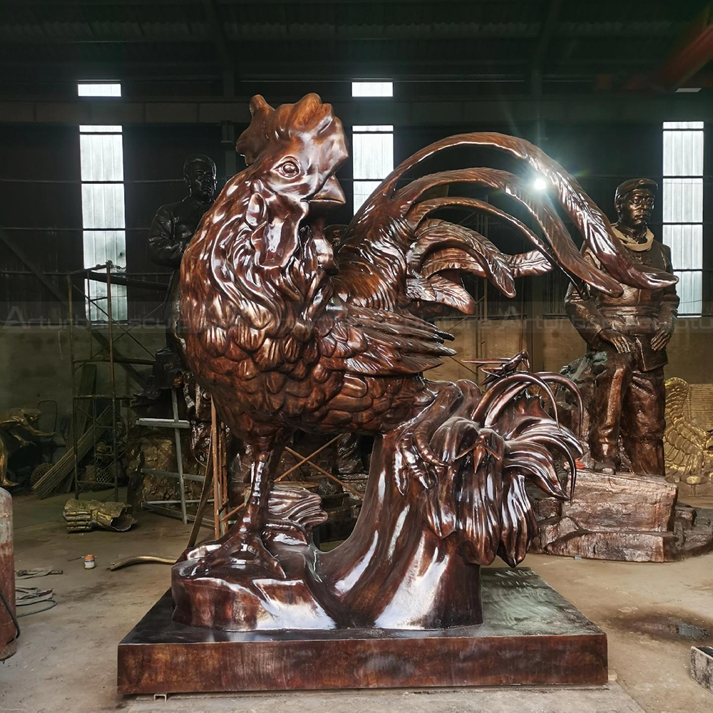 Large Outdoor Rooster Statue bronze feather detail