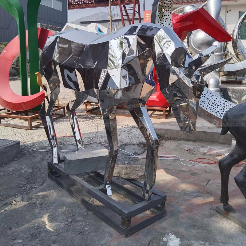 Low poly stainless steel deer sculpture side