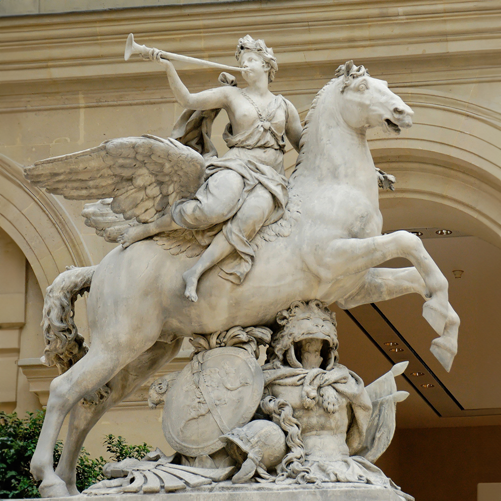 Marble Fame Riding Pegasus Statue with trumpet