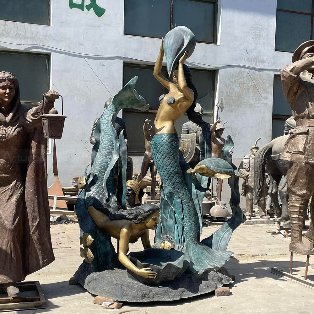 Mermaid Outdoor Fountain bronze figures and shell basin
