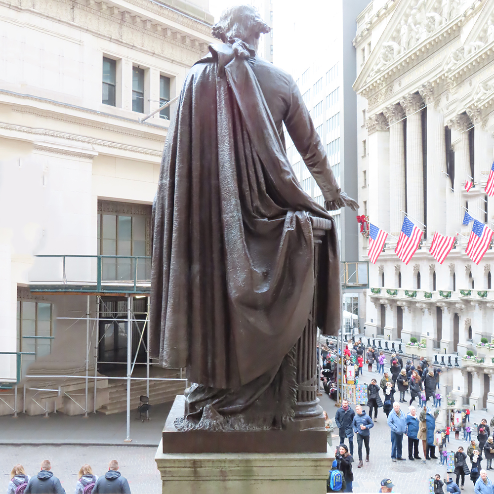 Rear view of bronze Washington on Wall Street