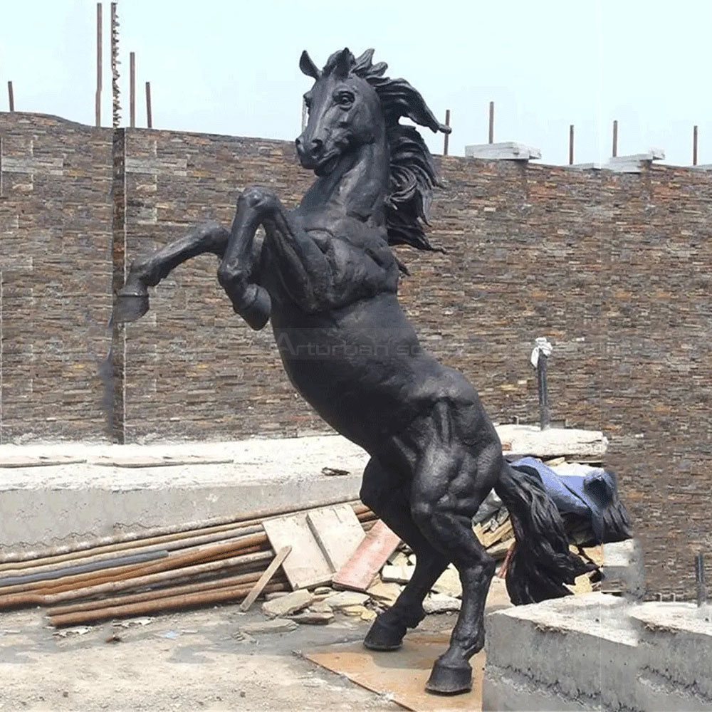 Black Bronze Rearing Horse Sculpture with Raised Forelegs