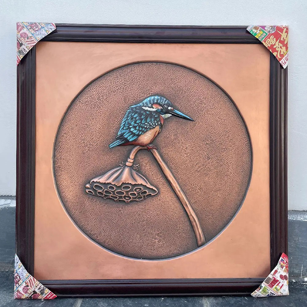 Bronze Bird Relief Featuring Kingfisher and Lotus Pod
