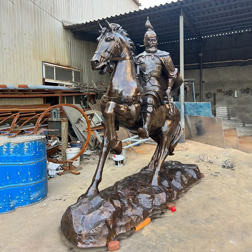 Bronze General on Horse Sculpture Holding Weapon