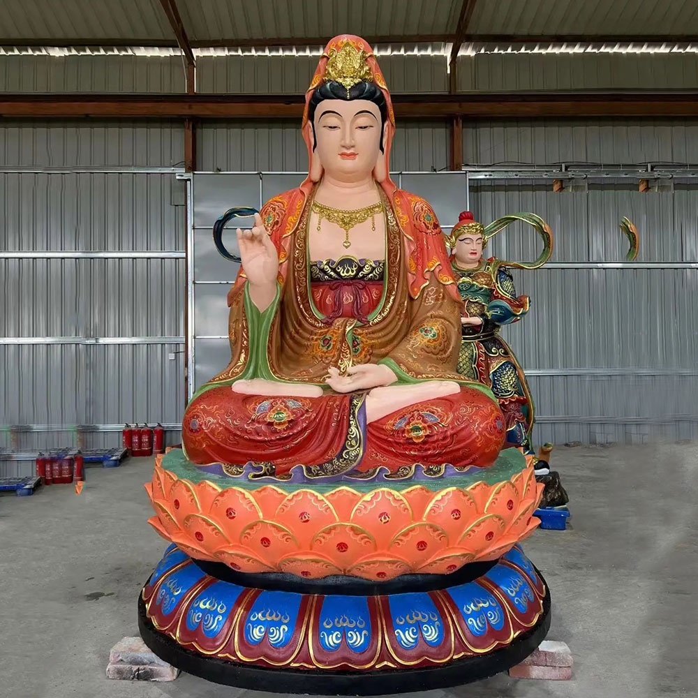 Bronze Guanyin Sitting Lotus Statue with Colorful Robes