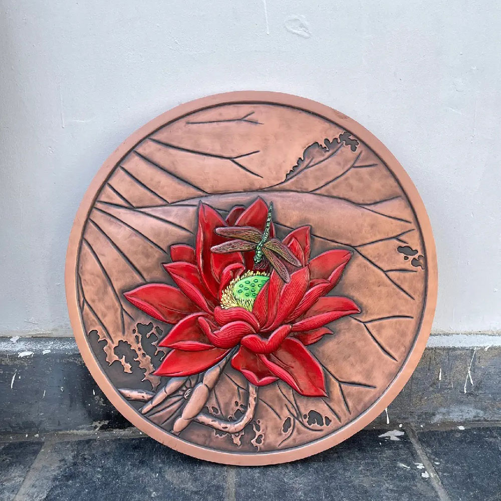 Bronze Lotus Relief with Red Flower and Dragonfly