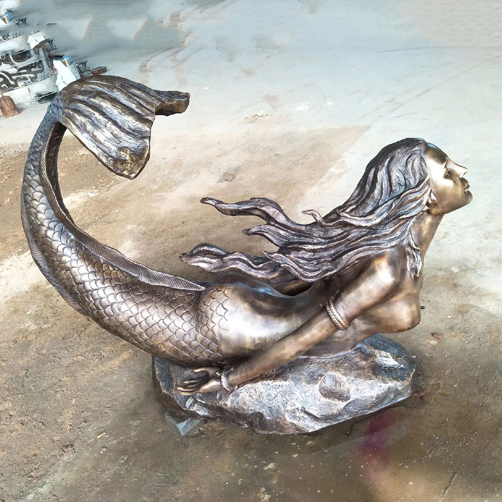 Bronze Mermaid Lying Down Statue with Curved Tail