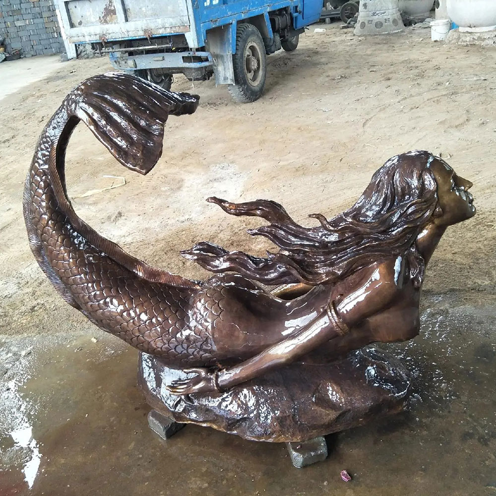 Bronze Mermaid Lying Down Statue with Flowing Hair