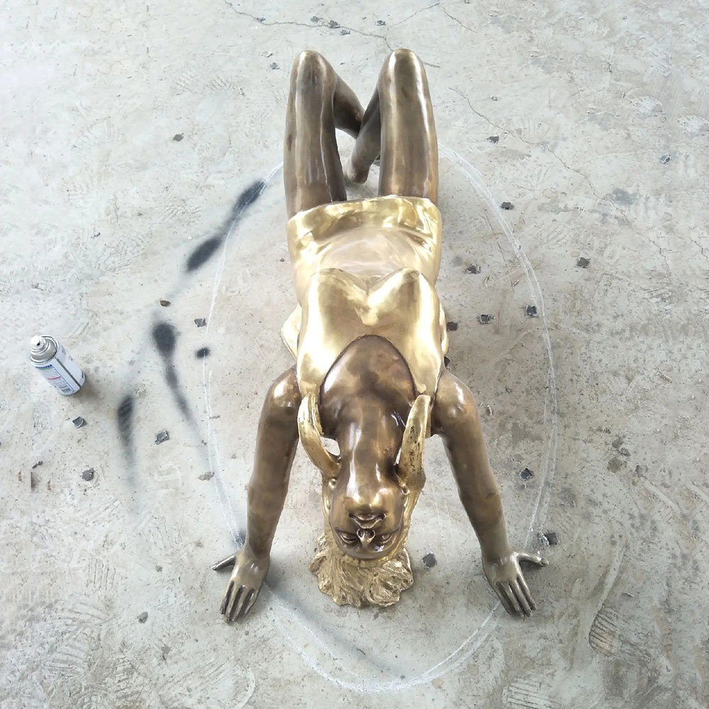 Bronze Woman Sculpture Coffee Table Bent Legs