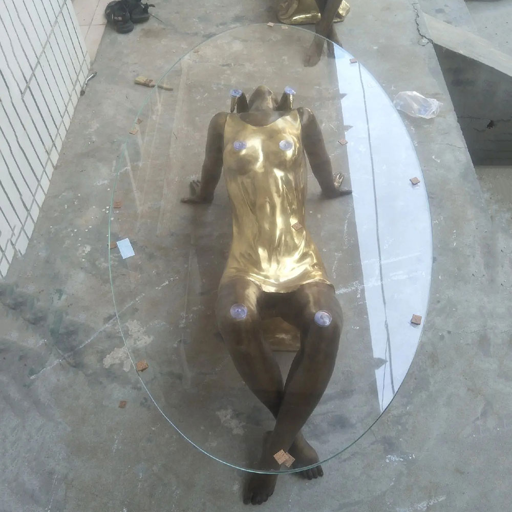 Bronze Woman Sculpture Coffee Table Glass Surface