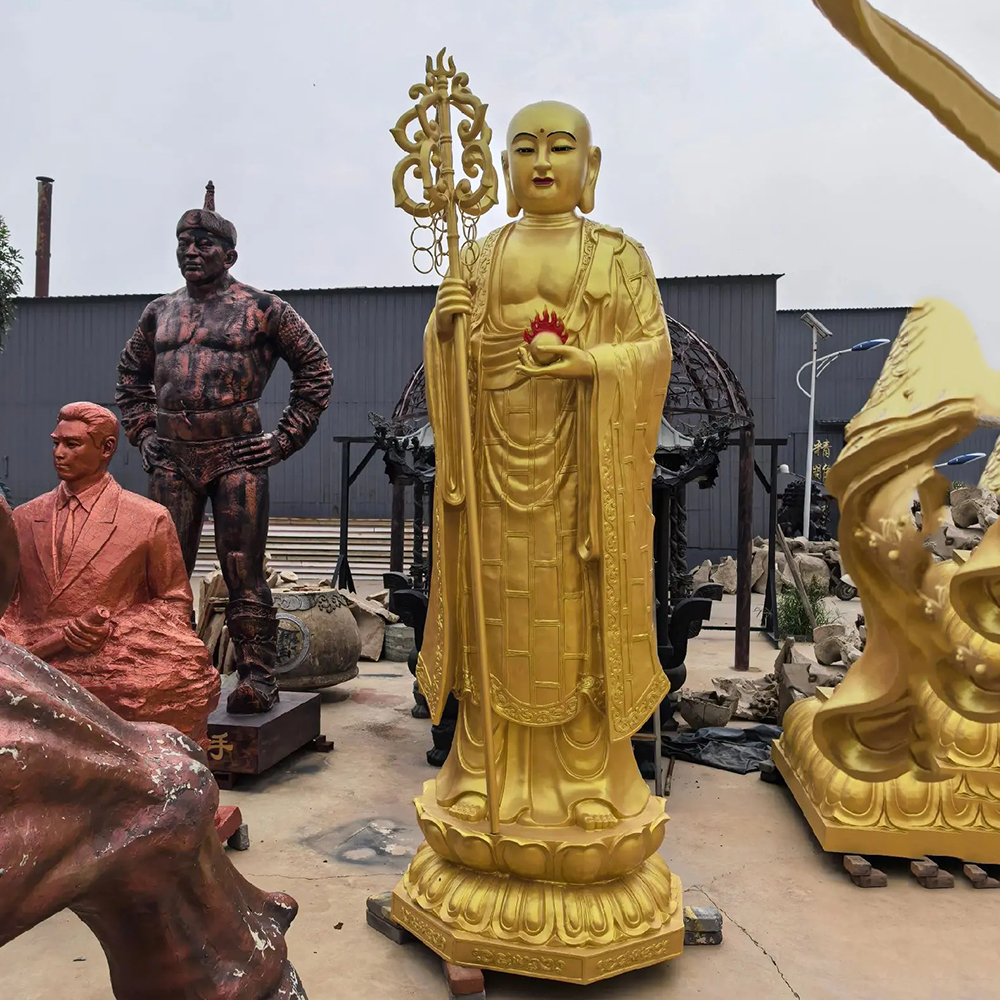 Gold Fiberglass Ksitigarbha Bodhisattva Sculpture holding staff