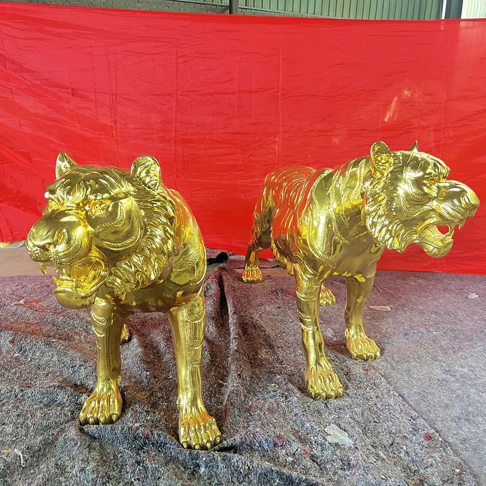 Gold Tiger Sculpture Brass with Roaring Faces