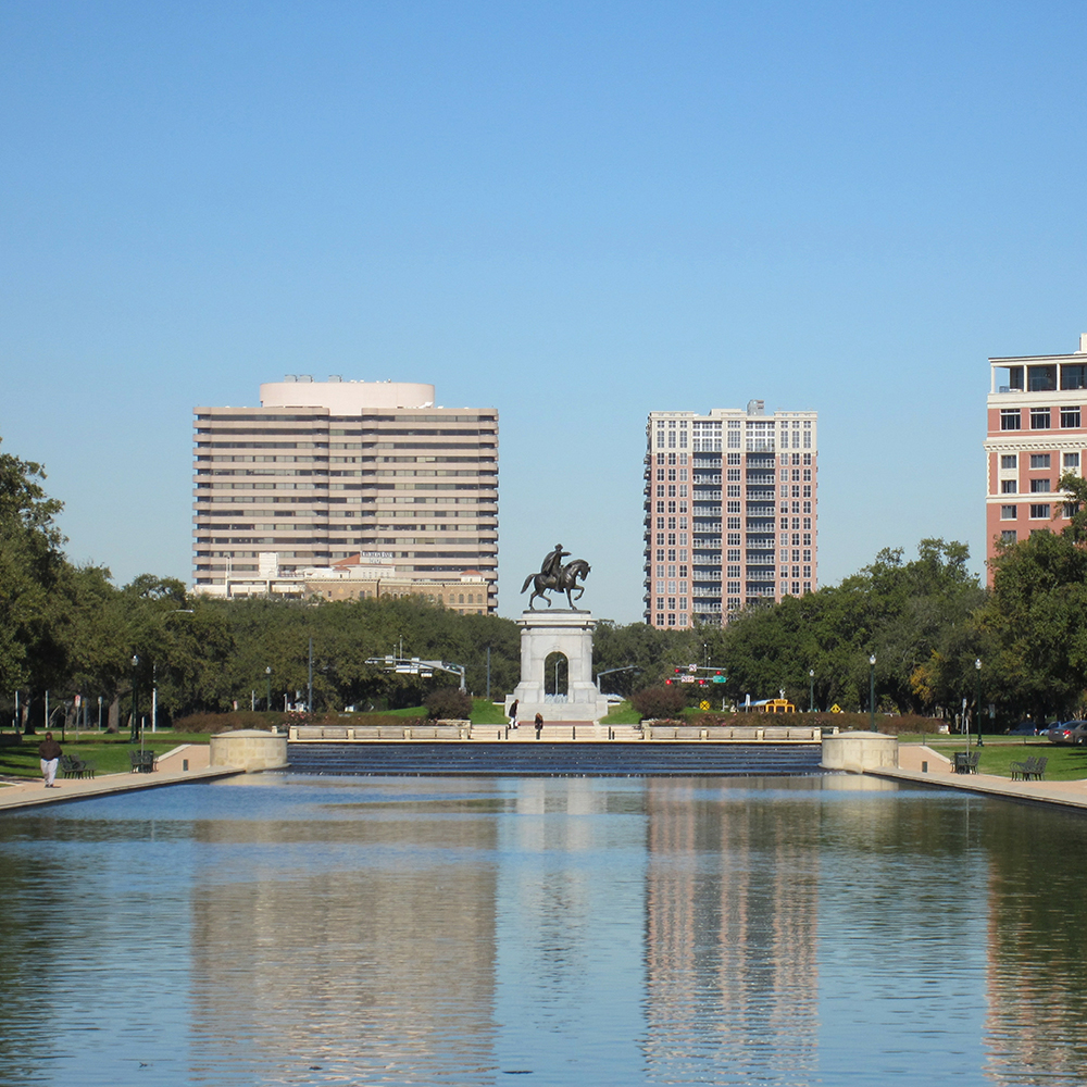 Historic bronze horseman monument near reflecting pool