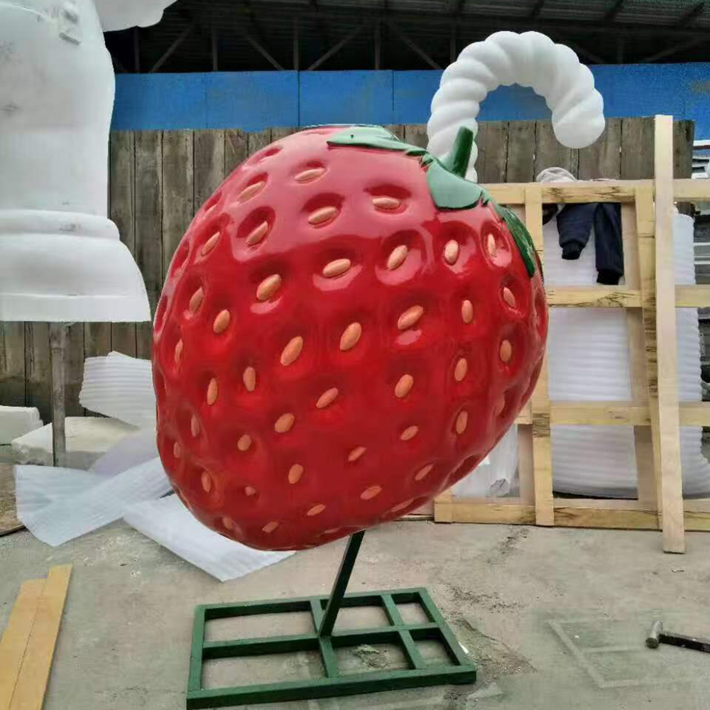 Large Strawberry Sculpture Fiberglass with Green Leaves