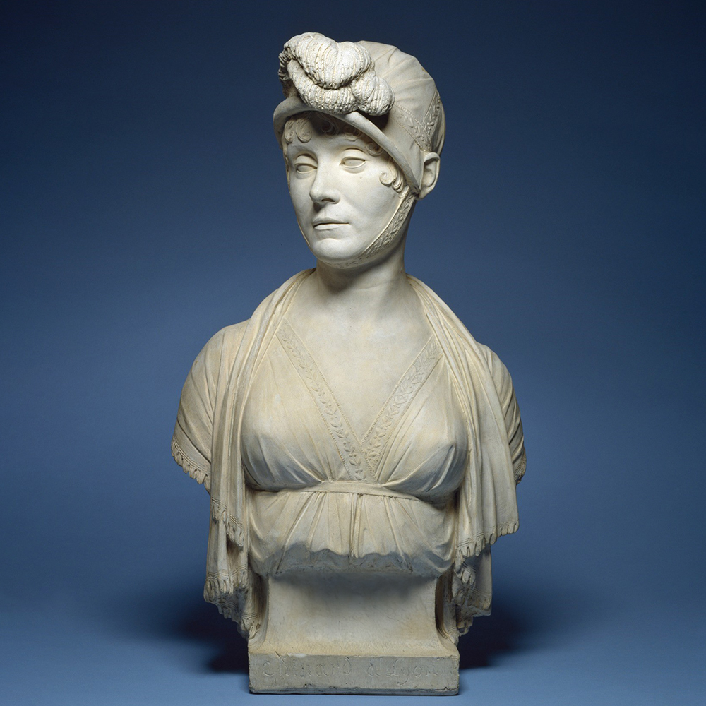 Marble Antoinette Perret Bust with Decorative Bonnet