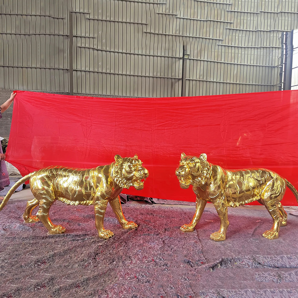 Pair of Gold Tiger Sculpture in Brass