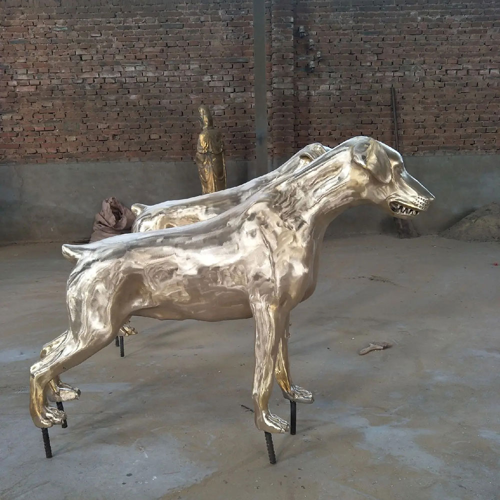 Polished Bronze Doberman Yard Statue Before Patination