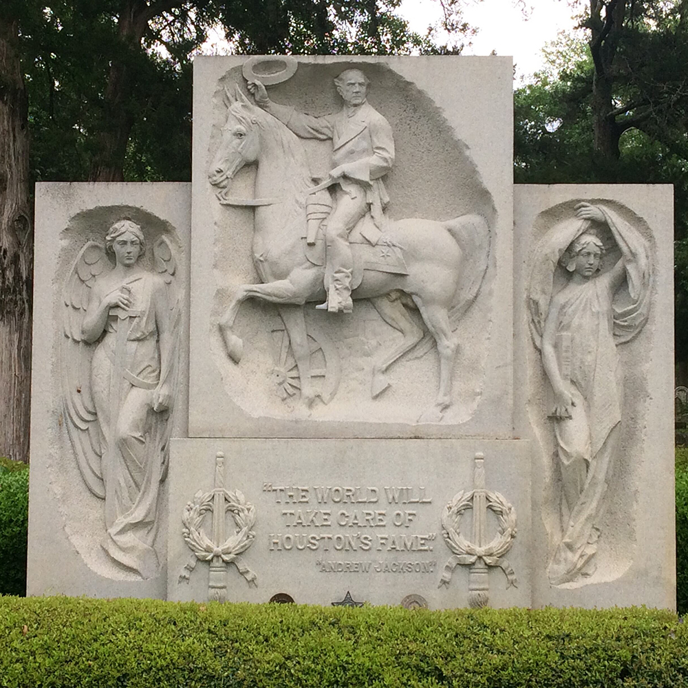 Sam Houston horseback relief at Oakwood Cemetery