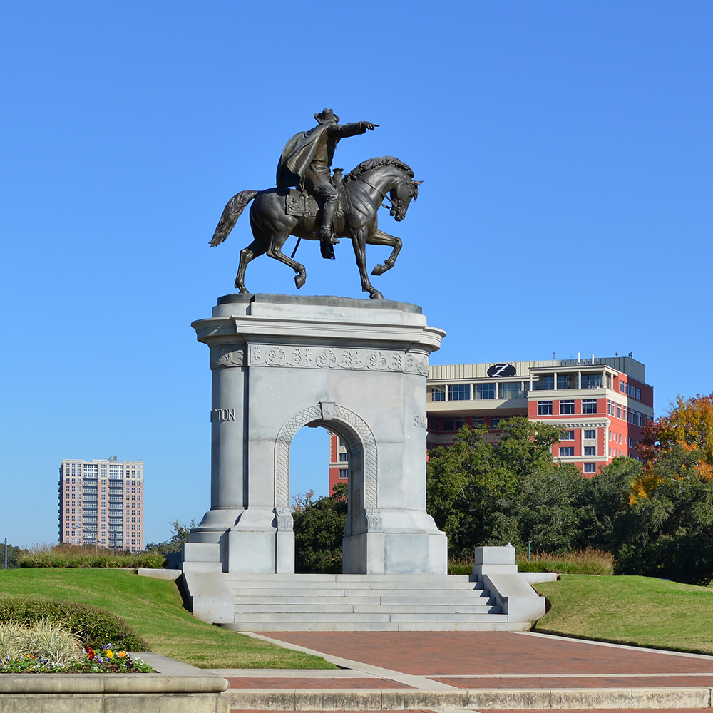Sam Houston monument across Hermann Park pond