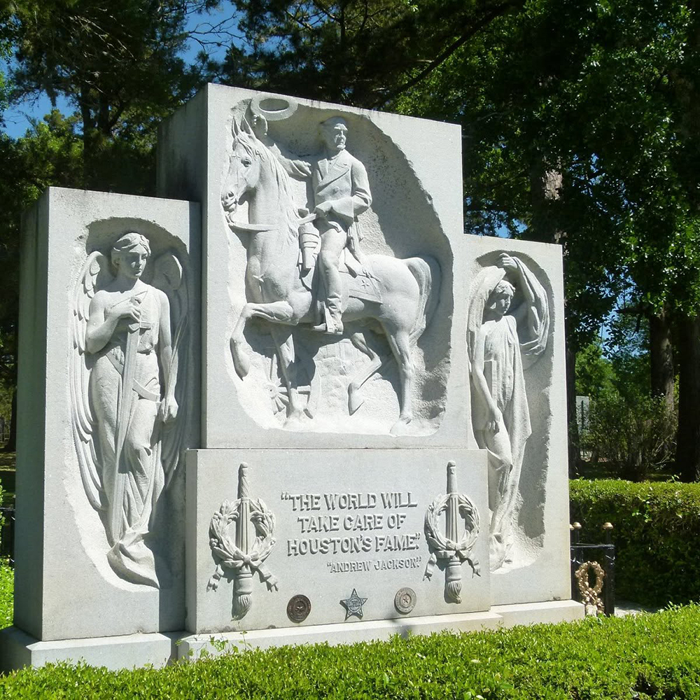 Sam Houston statue memorial with carved angels