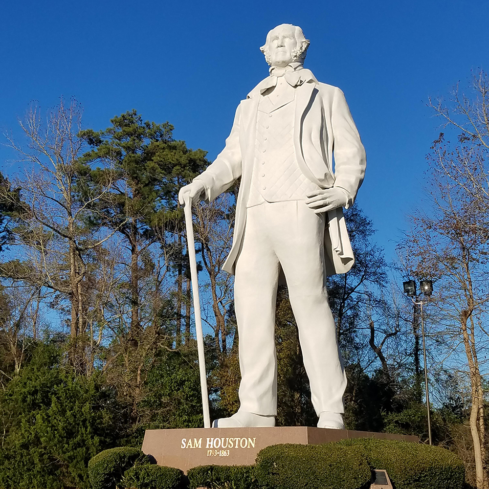Sam Houston statue with cane in Huntsville
