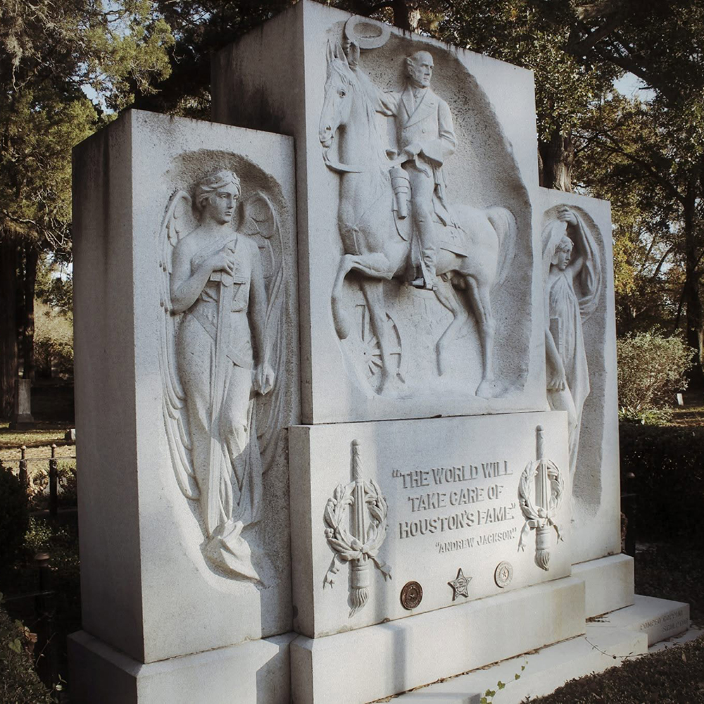 Sam Houston statue with granite equestrian relief