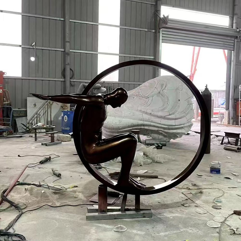 Stainless Steel Metal Sculpture Human Figure Inside Ring