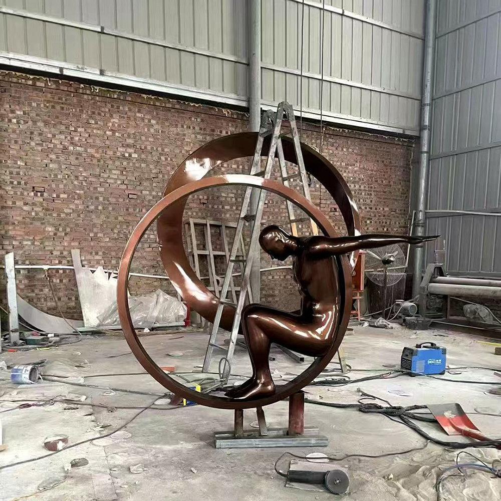 Stainless Steel Metal Sculpture Human Figure Seated Inside Ring