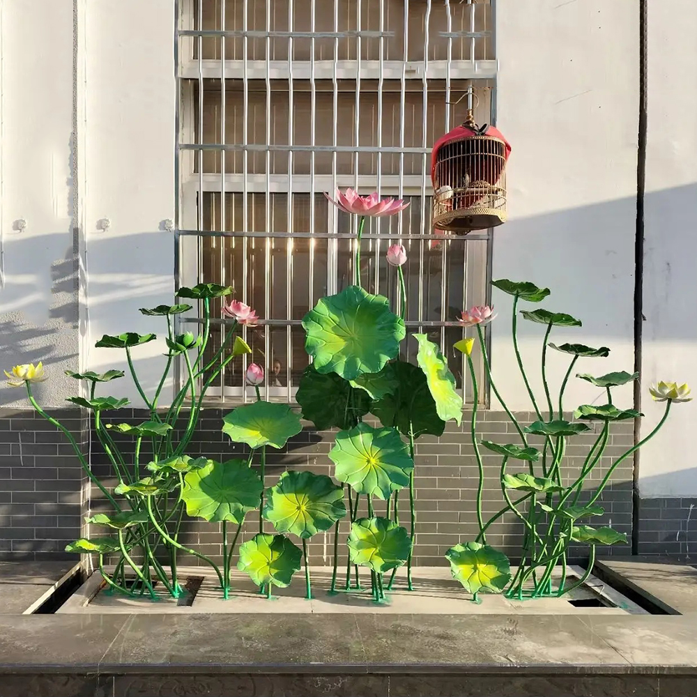 Stainless steel lotus flower garden sculpture with leaves