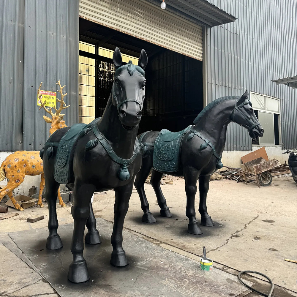 Standing Oriental Horse Statue with Decorative Harness