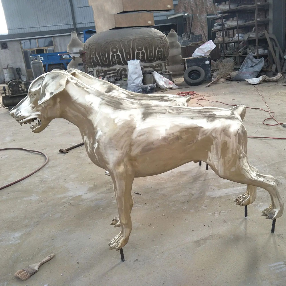 Two Polished Bronze Doberman Yard Statues Standing
