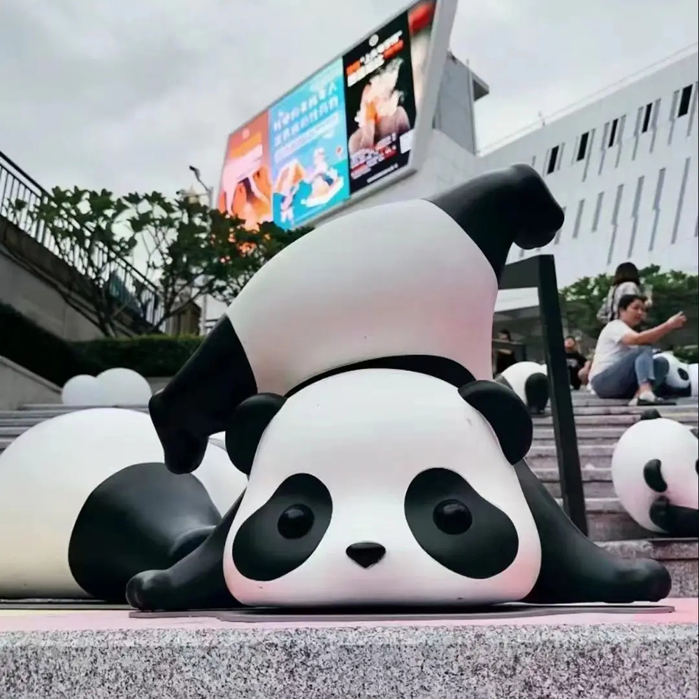 Upside down stainless steel Cartoon Panda Sculpture